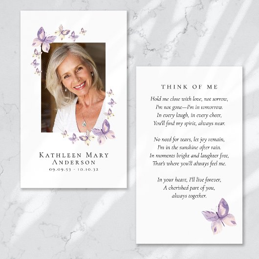 Papillons Photo Funeral Memorial Prayer Card