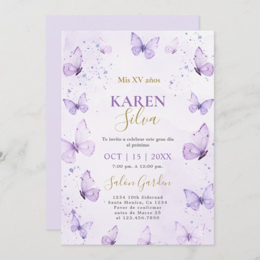Papillons pourpres Quinceañera Invitation (Devant / Derrière)