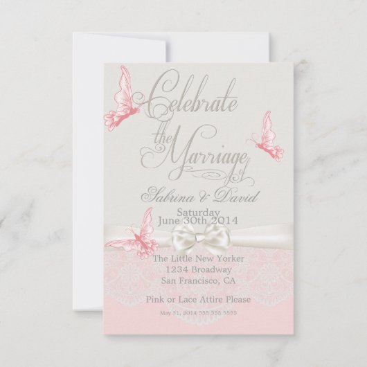 Papillons rose et ivoire et Invitation de réceptio (Dos)