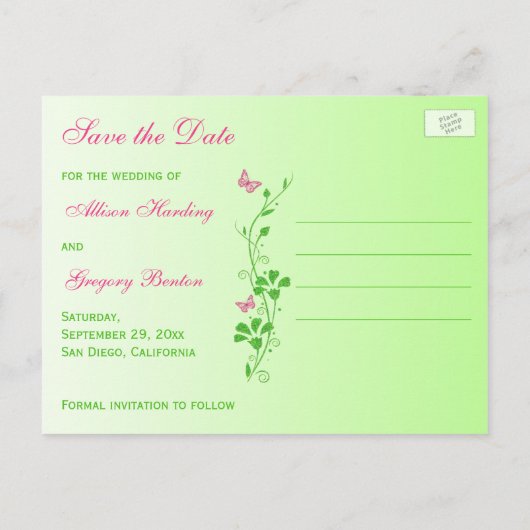Papillons rose et vert Enregistrer la date Carte p (Dos)