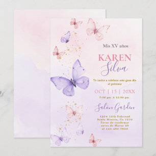 Papillons rose et violet Quinceañera Invitation