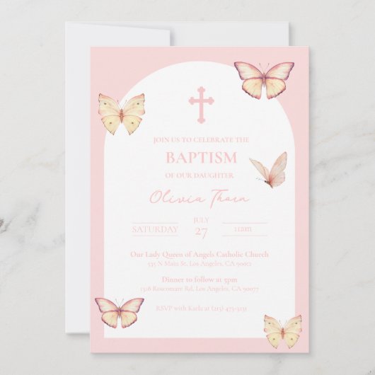 Papillons roses Baby Girl Baptism Invitation (Devant)