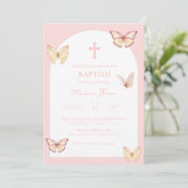 Papillons roses Baby Girl Baptism Invitation (Debout devant)