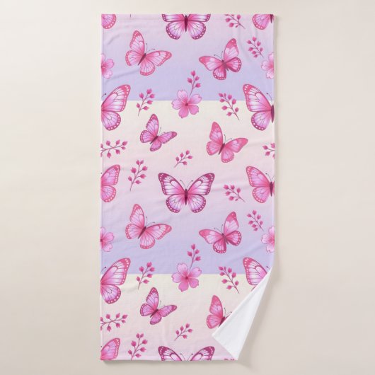 Papillons roses et motif de fleurs (Serviette de bain)
