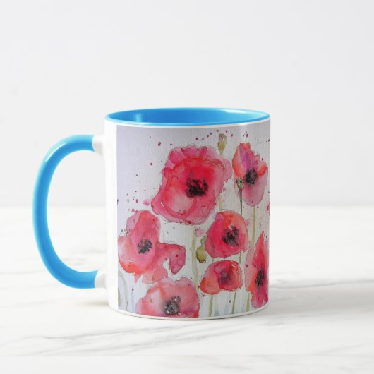 Papillons rouges Aquarelle Peinture Mug bleu (Gauche)
