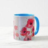 Papillons rouges Aquarelle Peinture Mug bleu (Devant droit)