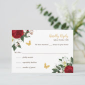 Papillons rouges en or Quinceañera Carte RSVP (Debout devant)