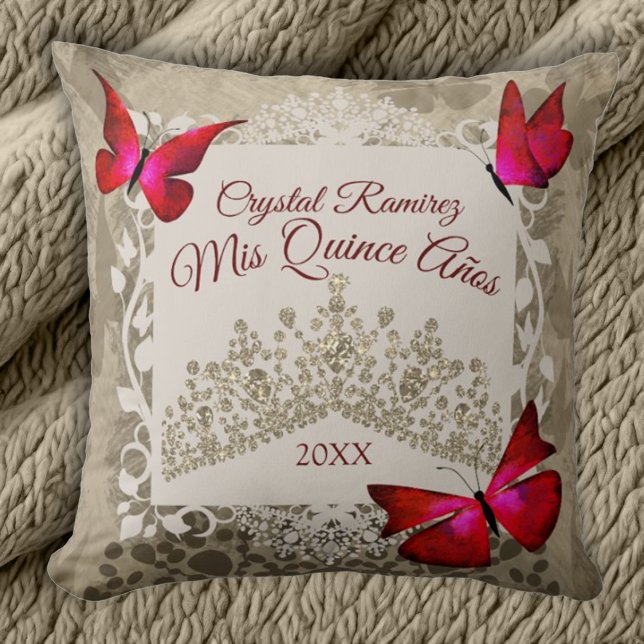 Papillons rouges, Taupe Tiara Quinceanera Coussin (Beige and red quinceanera throw pillow, beautiful red butterflies and border, gold tiara)