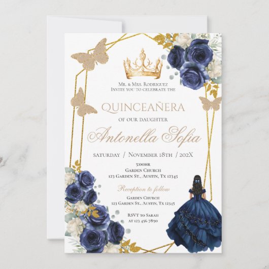Papillons Royal Blue Quinceanera Invitation (Devant)
