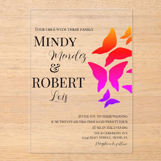 Papillons Script arc-en-ciel Faire-part de mariage (Recto)