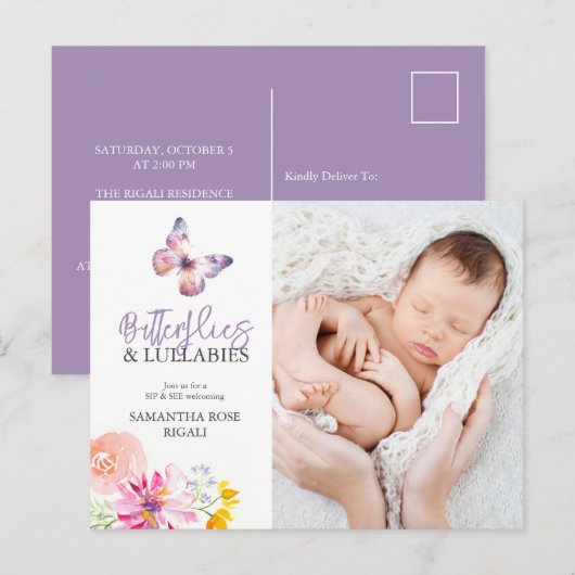 Papillons Sip et voir des Invitations Baby showers (Devant / Derrière)