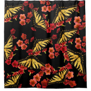Papillons sur Fleurs rouges Rideau de douche