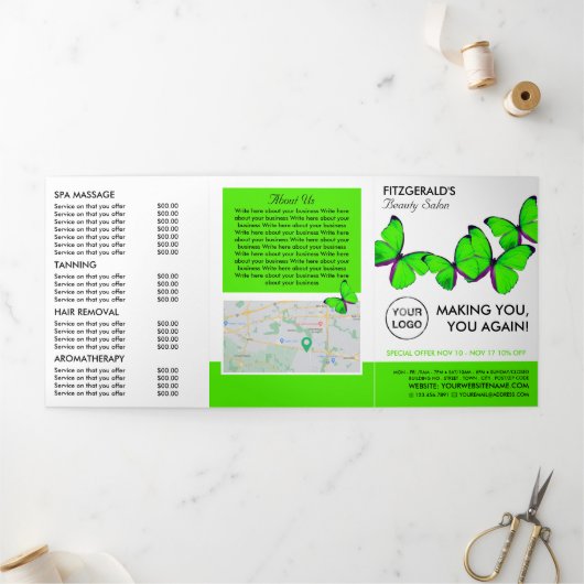 Papillons verts, Beauté Salon Tri-Fold Flyer (Extérieur)