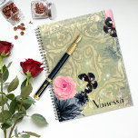 Papillons Vintage Chic personnalisés<br><div class="desc">Planificateur customisé vintage avec fleurs noires et roses et papillons noirs sur un arrière - plan damassé. Le texte est entièrement modifiable.</div>