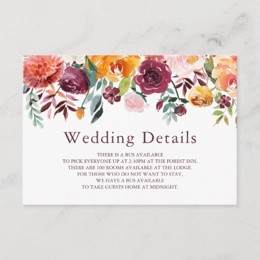 Paprika Bourgogne Floral Mariage Détails Carte (Devant)