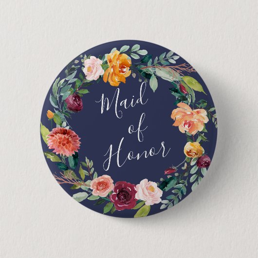 Paprika Burgundy Floral Maid of Honor Button (Voorkant)