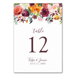 Paprika Burgundy Floral Table Number Kaart
