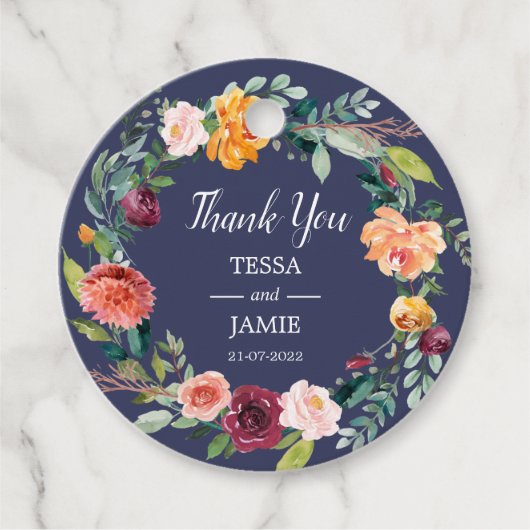Paprika Burgundy Floral Wedding Favor Labels (Voorkant)