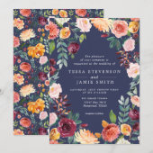Paprika Burgundy Floral Wedding Invitation Kaart (Voorkant / Achterkant)