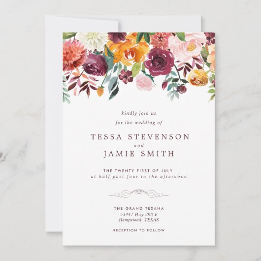 Paprika Burgundy Floral Wedding Invitation Kaart (Voorkant)