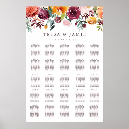 Paprika Burgundy Floral Wedding XL Seating Chart Poster (Voorkant)