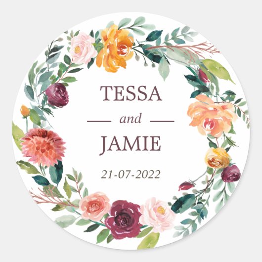 Paprika Floral Wreath Wedding Favor Sticker (Voorkant)