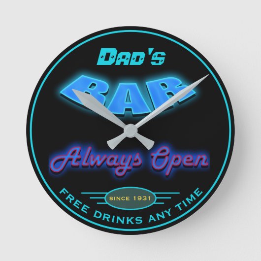 Pap's Bar Blue Faux Neon Kijk elke datum aan - Ronde Klok (Voorkant)
