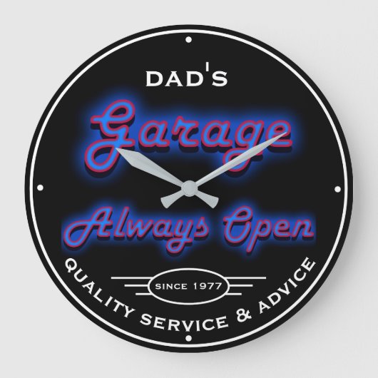 Pap's Garage Blue Neon Zoek een datum en naam  Grote Klok (Voorkant)
