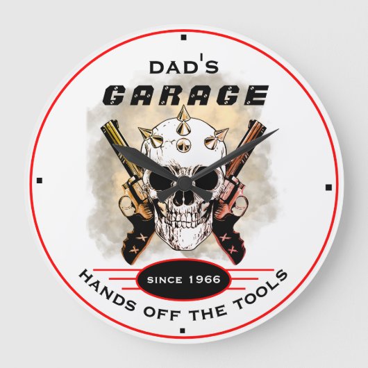 Pap's Garage Tools Warning Pistolen Skull Funny Grote Klok (Voorkant)