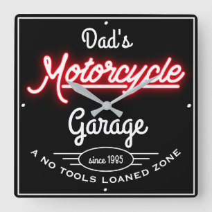 Pap's Motorfiets Garage Red Faux Neon Black Vierkante Klok