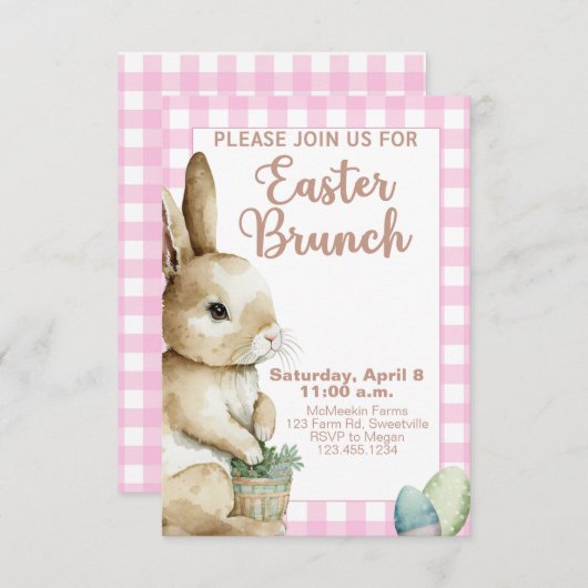 Pâques Brunch Invitation Rabbit Rose En vichy Plai (Devant / Derrière)