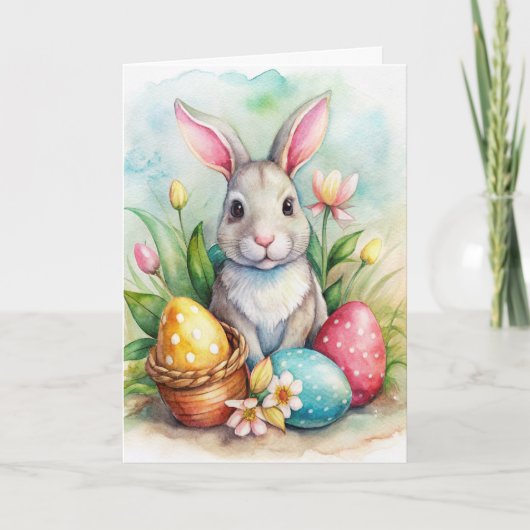Pâques lapin et oeufs peints Carte de vacances (Devant)