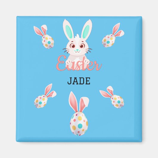 "PÂQUES" MAGNET BUNNY AVEC OEUFS ET NOM SPECKLED. (Devant)