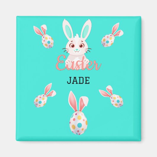 "PÂQUES" MAGNET BUNNY AVEC OEUFS ET NOM SPECKLED. (Devant)