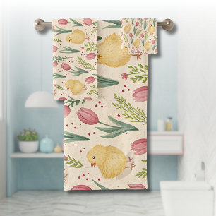 Pâques vintage poussins jaunes mignons tulipes rou