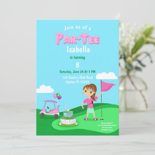 Par-T-shirt Chibi Girl Verjaardag Golffeest Kaart (Staand voorkant)