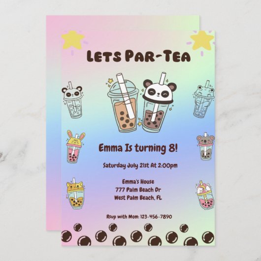 Par-Tea Bubble Tea Boba Invitation Anniversaire (Devant / Derrière)