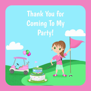 Par-Tee Chibi Meisje Verjaardag Golf Feest Vierkante Sticker