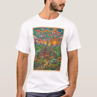 Paradijs stad psychedelische hippie stijl ontwerp t-shirt