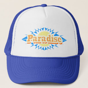 Paradijs zon blauwe en witte strandhoed trucker pet