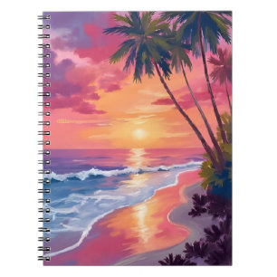 Paradijs Zonsondergang Roze Tropisch Aquarel Str Notitieboek