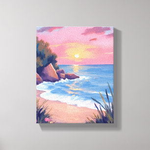 Paradijsbaai Roze Aquarel Oceaangolven Zonsonder Canvas Afdruk