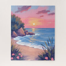Paradijsbaai | Roze Aquarel Oceaangolven Zonsonder