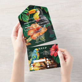 Paradijsvogels oerwoud monstera leaf bruiloft all in one uitnodiging