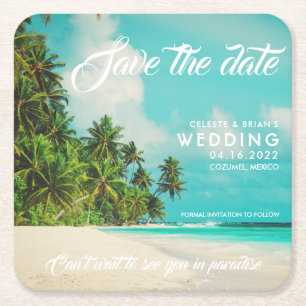 Paradise Beach Destination Wedding Save the Date Vierkante Kartonnen Onderzetter