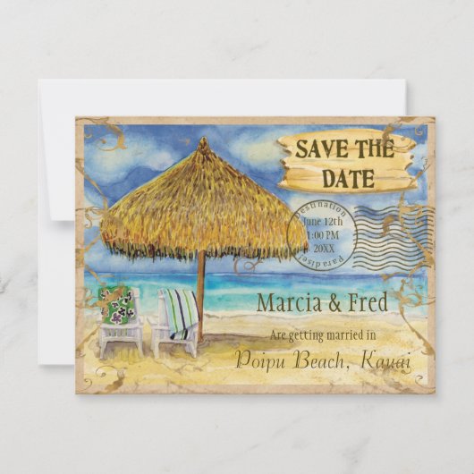 Paradise bestemming, tropisch strand opslaan op da save the date (Voorkant)