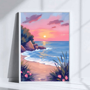 Paradise Cove   Roze Aquarel Oceaangolven Zonsonde Poster