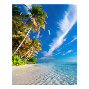 Paradise Shoreline: Tropische palmbomen en kristal Foto Afdruk