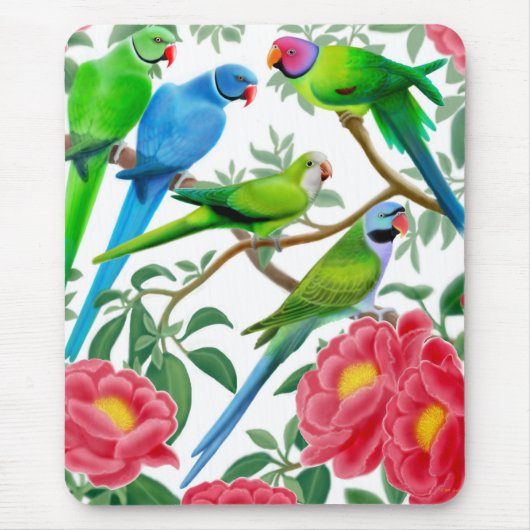 Parakeets en Peonies Mousepad Muismat (Voorkant)