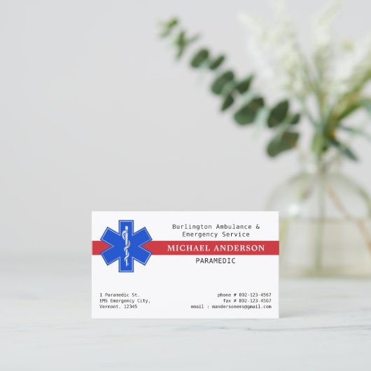 Paramedicus EMS EMT Emergency Medical Star of Life Visitekaartje (Staand voorkant)